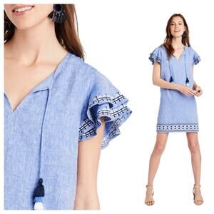 Vineyard Vines Linen Embroidered Flutter Sleeve Tunic Dress Size Small Blue